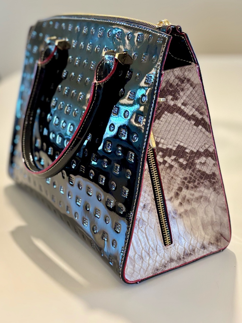 Arcadia Patent Leather Snakeskin Trim Satchel - Picture 2 of 14